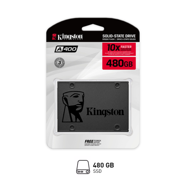 Unidad de Estado Solido Kingston A400, 480GB, SATA 6Gb/s, 2.5", 7mm.